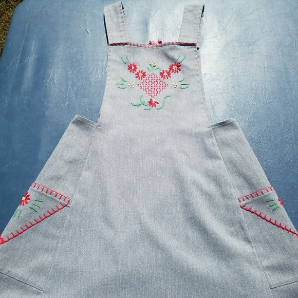 VTG Overall Dress Gray Floral Embroidered S M - Picture 6 of 12